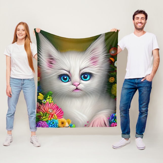 White Kitten With Flowers Fleece Blanket (In Situ)