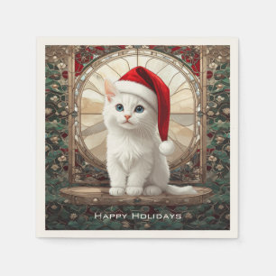 White Kitten with Santa Hat Napkins