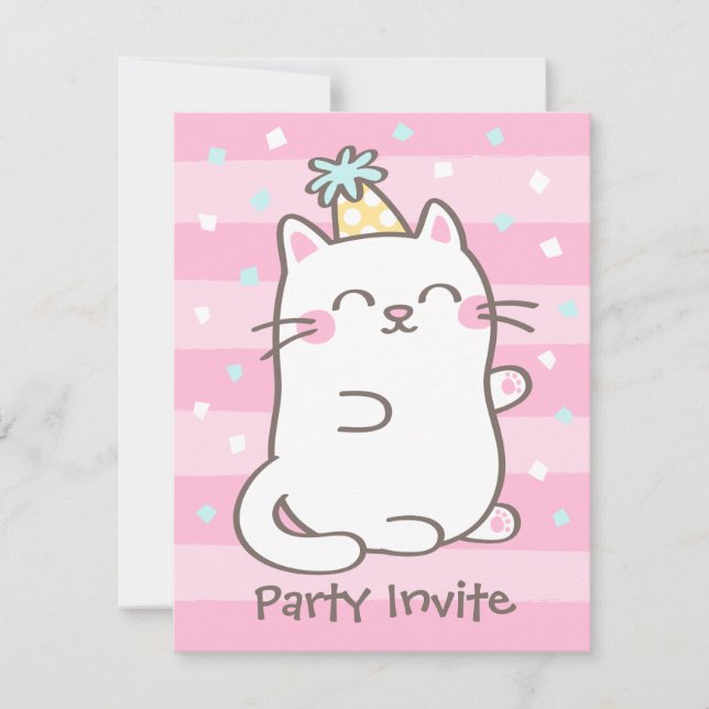 White Kitty Cat Girls Invitations de fête d'annive (Devant)
