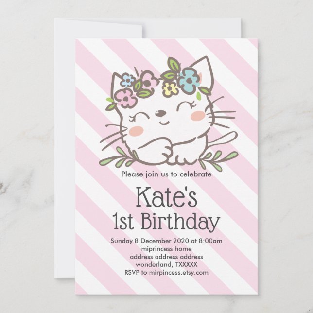 white kitty cat, kitten, animals invitation (Front)