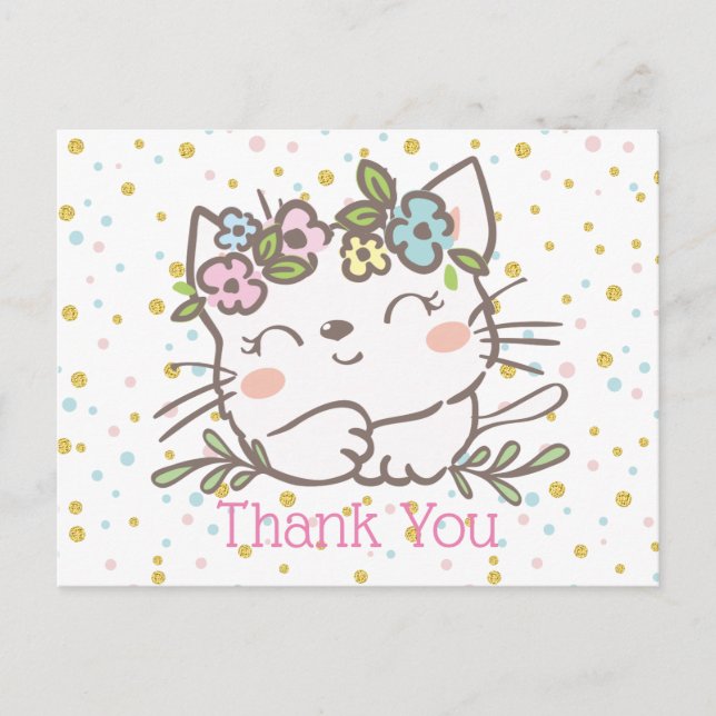 white kitty cat, kitten, animals thank you card (Front)