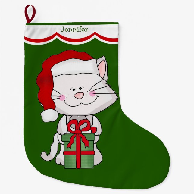 White Kitty Cat Large Christmas Stocking (Front)