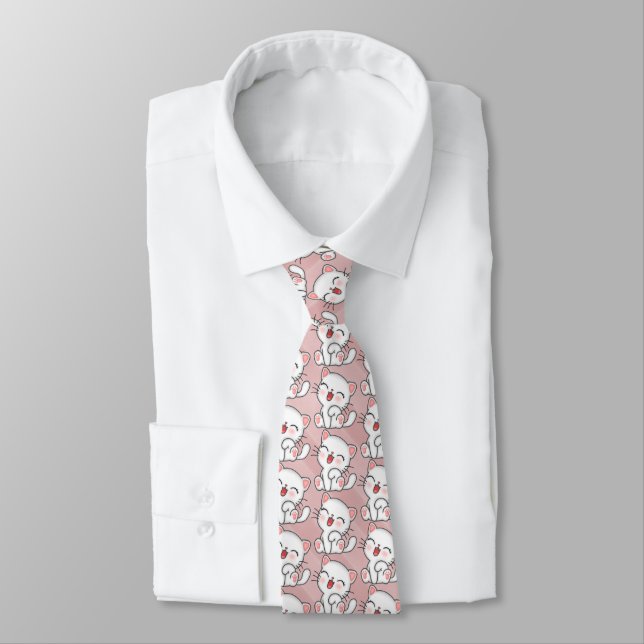 White Kitty Cat Neck Tie (Tied)