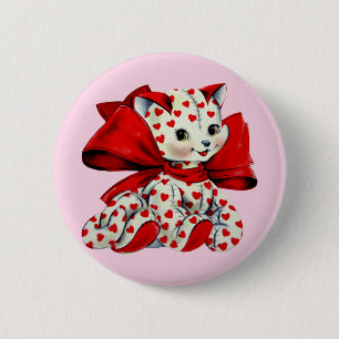 White kitty Cat With hearts Vintage Valentines Art 2 Inch Round Button