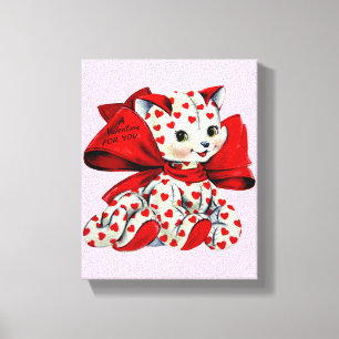 White kitty Cat With hearts Vintage Valentines Art Canvas Print