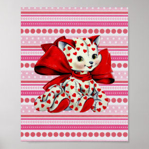 White kitty Cat With hearts Vintage Valentines Art Poster