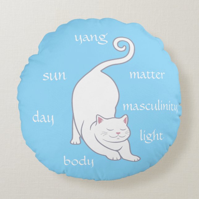 White Kitty Cat Yoga & Editable Text on Turquoise Round Pillow (Front)