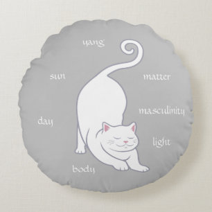 White Kitty Cat Yoga & Text on Silver Grey Round Pillow