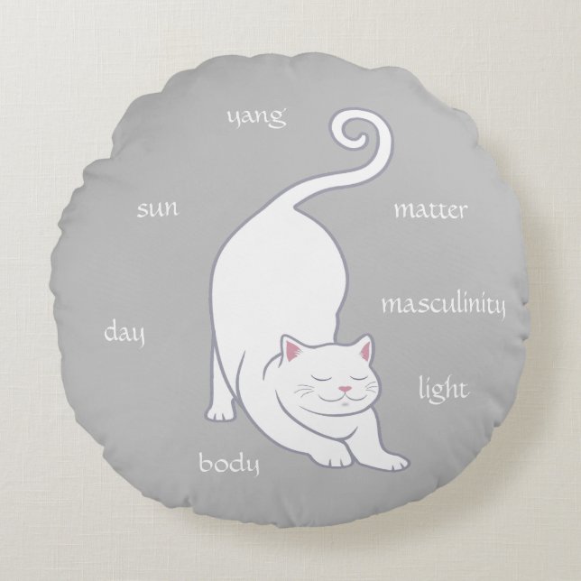 White Kitty Cat Yoga & Text on Silver Grey Round Pillow (Front)