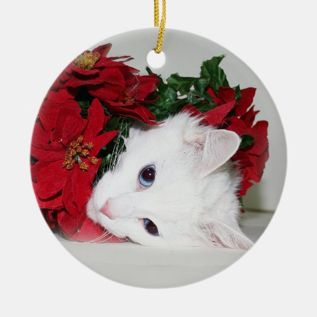 White kitty Christmas Ceramic Ornament (Front)
