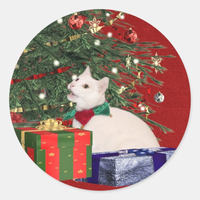 white kitty Christmas Classic Round Sticker (Front)
