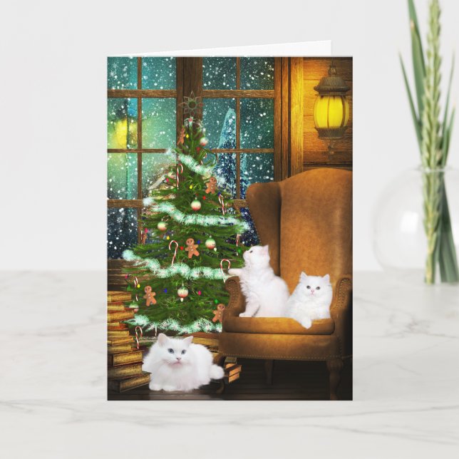 White Kitty Christmas Holiday Card (Front)