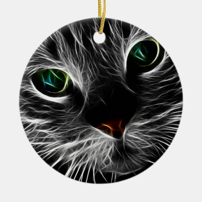 White Kitty Face Abstract | Fractal Kitty Ceramic Ornament (Front)