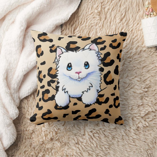 White Kitty On Leopard Print Throw Pillow (Blanket)
