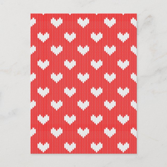 White Knit Hearts Pattern on Red Love Postcard (Front)