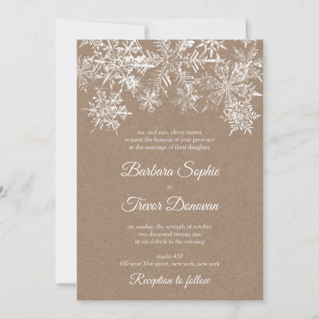 White & Kraft Snowflakes Christmas Winter Wedding Invitation (Front)