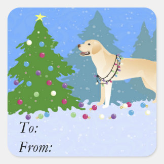 White Lab in the Forest Decorating Christmas Tree Square Sticker