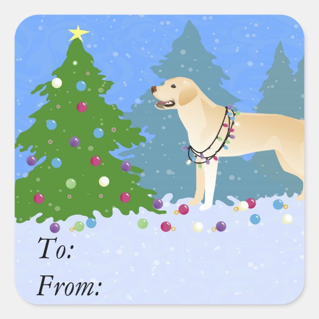 White Lab in the Forest Decorating Christmas Tree Square Sticker (Front)