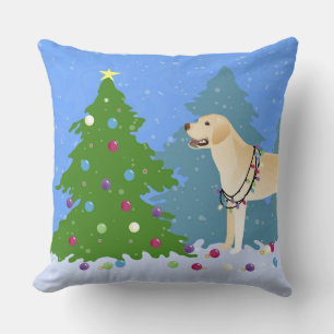 White Lab in the Forest Decorating Christmas Tree Throw Pillow