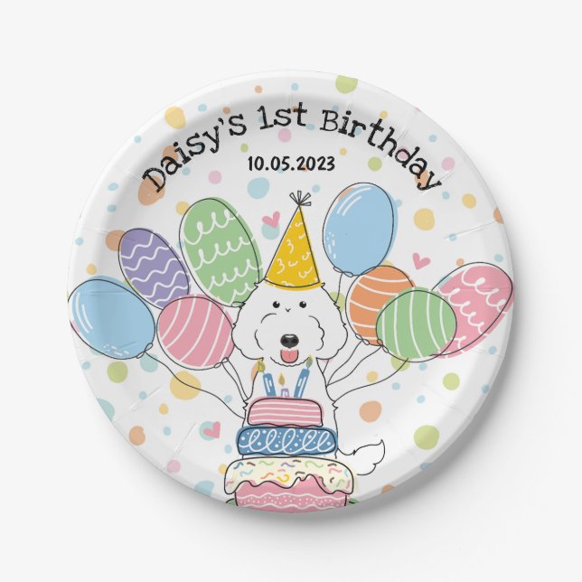 White Labradoodle Dog Birthday Party Paper Plates (Front)
