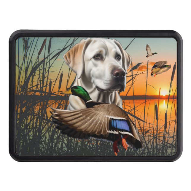 White Labrador Duck Hunting Trailer Hitch Cover (Front)