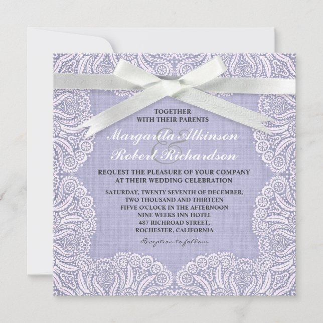 White lace and blue burlap wedding invitations (Front)