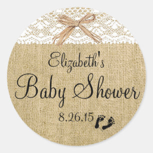 White Lace and Burlap Baby Shower Favour Classic Round Sticker