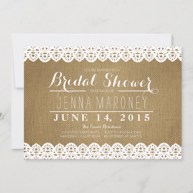 White Lace and Burlap Bridal Shower Invitation (Front)