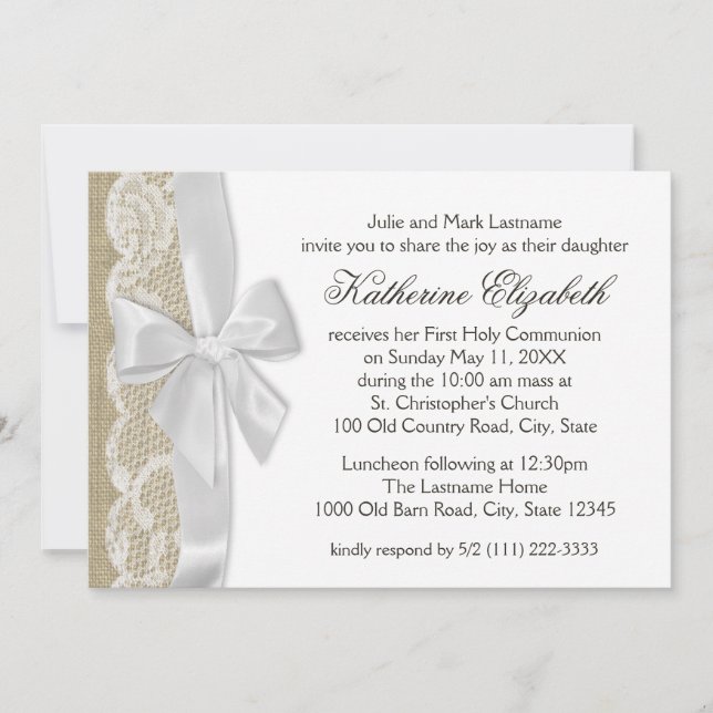 White Lace and Burlap First Communion Invitation (Front)