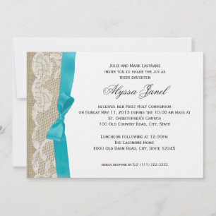 White Lace and Burlap First Communion Invitation