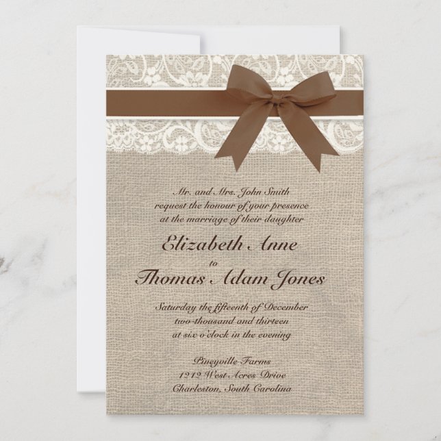 White Lace and Burlap Wedding Invitation- Brown Invitation (Front)