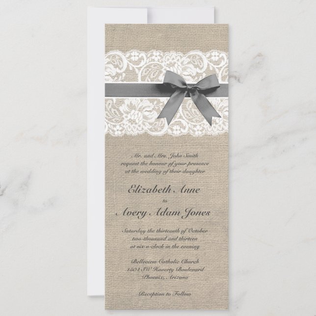 White Lace and Burlap Wedding Invitation Vertical (Front)