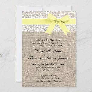 White Lace and Burlap Wedding Invitation- Yellow Invitation