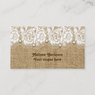 White lace and pearls on linen coloured burlap business card