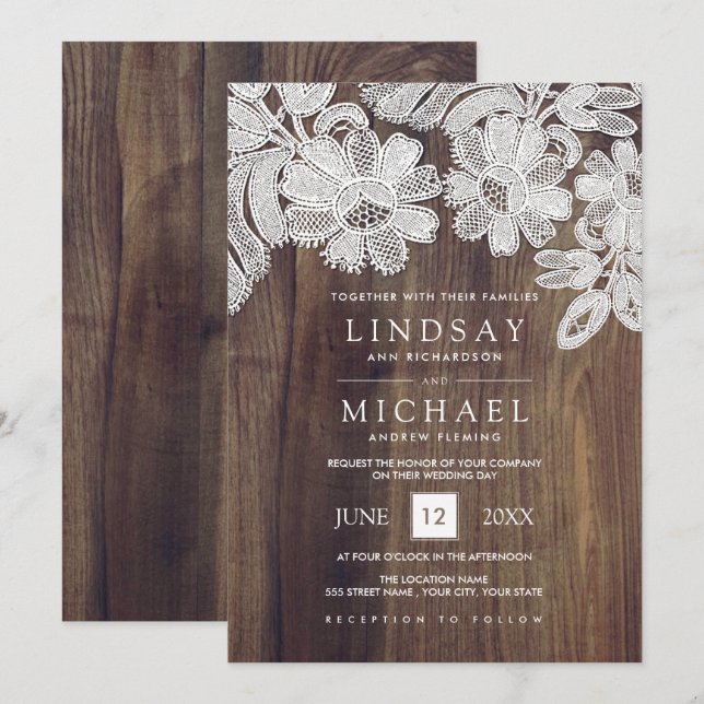 White Lace | Barn Wood Wedding Invitation (Front/Back)