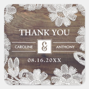 White Lace   Barn Wood Wedding Thank You  Square Sticker