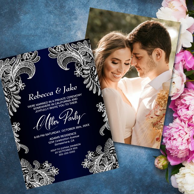White Lace Blue Custom Photo Wedding After Party Invitation (Creator Uploaded)