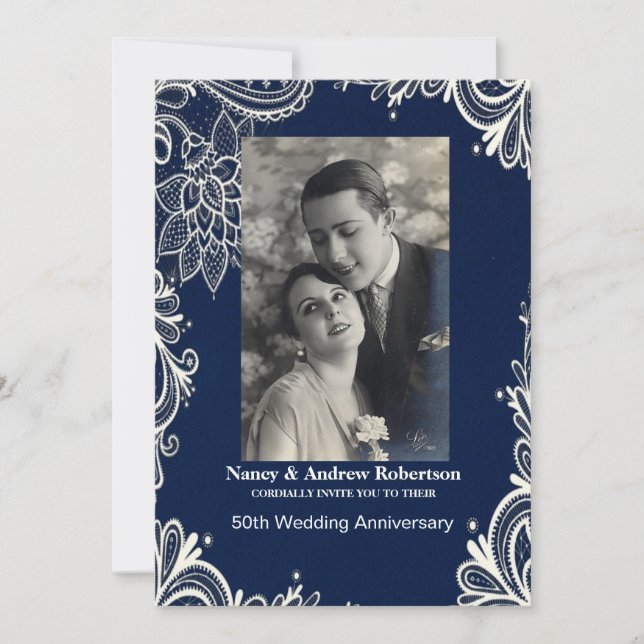 white lace blue nautical 50th wedding anniversary invitation (Front)