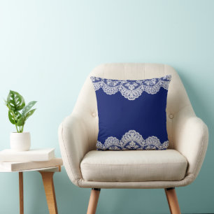 White Lace  Blue Throw Pillow