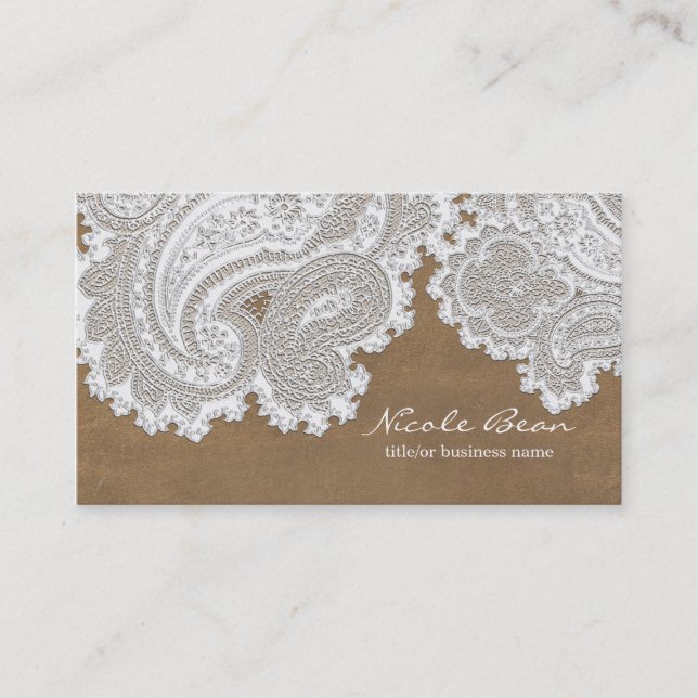 White Lace & Brown Rustic Chic Elegant Wedding Business Card (Front)