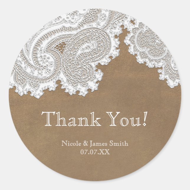 White Lace & Brown Rustic Chic Elegant Wedding Classic Round Sticker (Front)