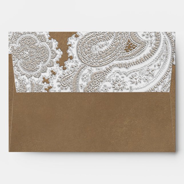 White Lace & Brown Rustic Chic Elegant Wedding Envelope (Back (Top Flap))
