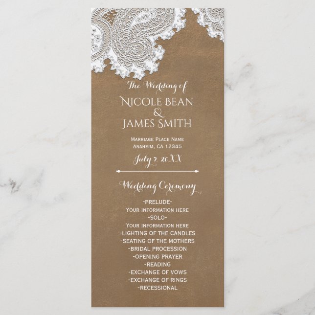 White Lace & Brown Rustic Wedding Program Rack (Front)