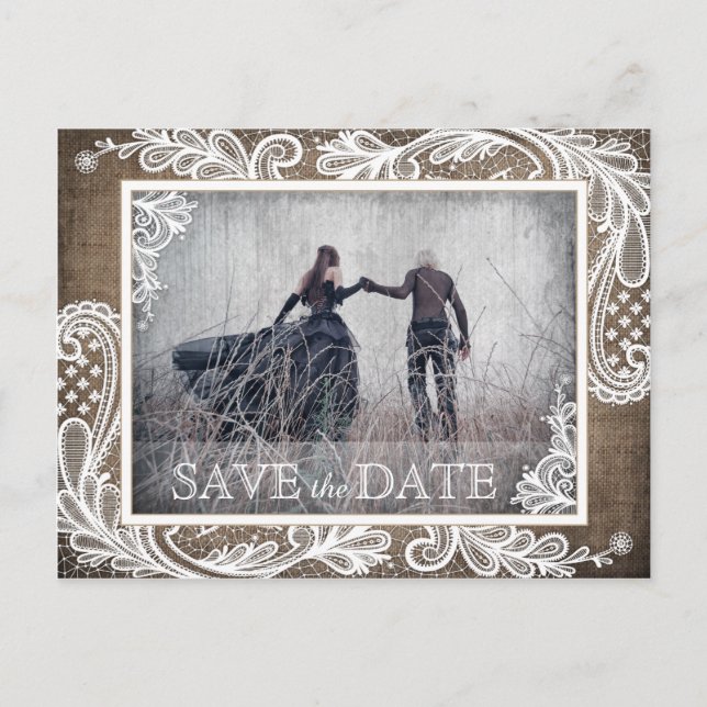 White Lace Burlap Modern Goth Photo Save the Date Announcement Postcard (Front)
