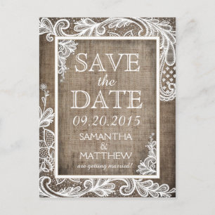 White Lace Burlap Modern Goth Save the Date Announcement Postcard