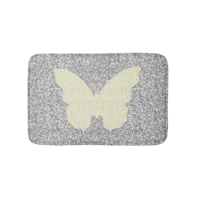 White Lace Butterfly On Silver Glitter Bath Mat (Front)
