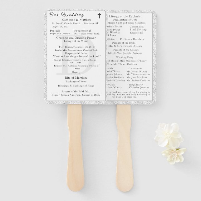 White Lace Catholic Monogrammed Wedding Program Hand Fan (Front and Back)