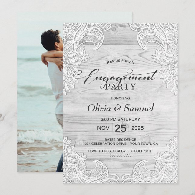 White Lace Custom Photo Wood Engagement Party Invitation (Front/Back)