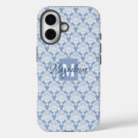 White Lace Damask on Dusty Blue Monogram & Name