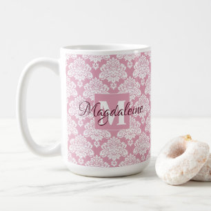 White Lace Damask on Dusty Rose Name & Monogram Coffee Mug